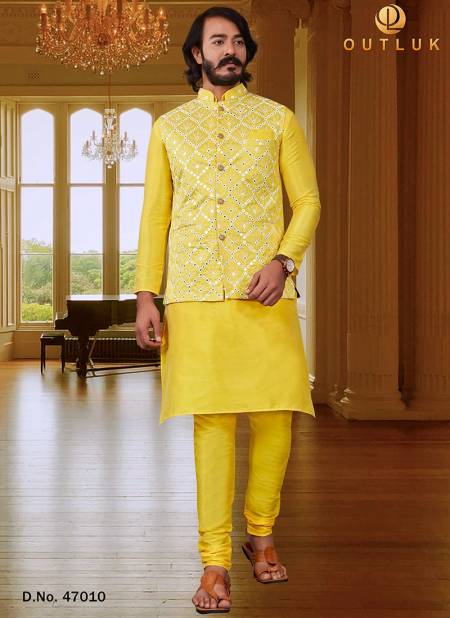 Yellow New Exclusive Wear Art Silk Jacquard Print Kurta Pajama With Jacket Mens Collection 47010